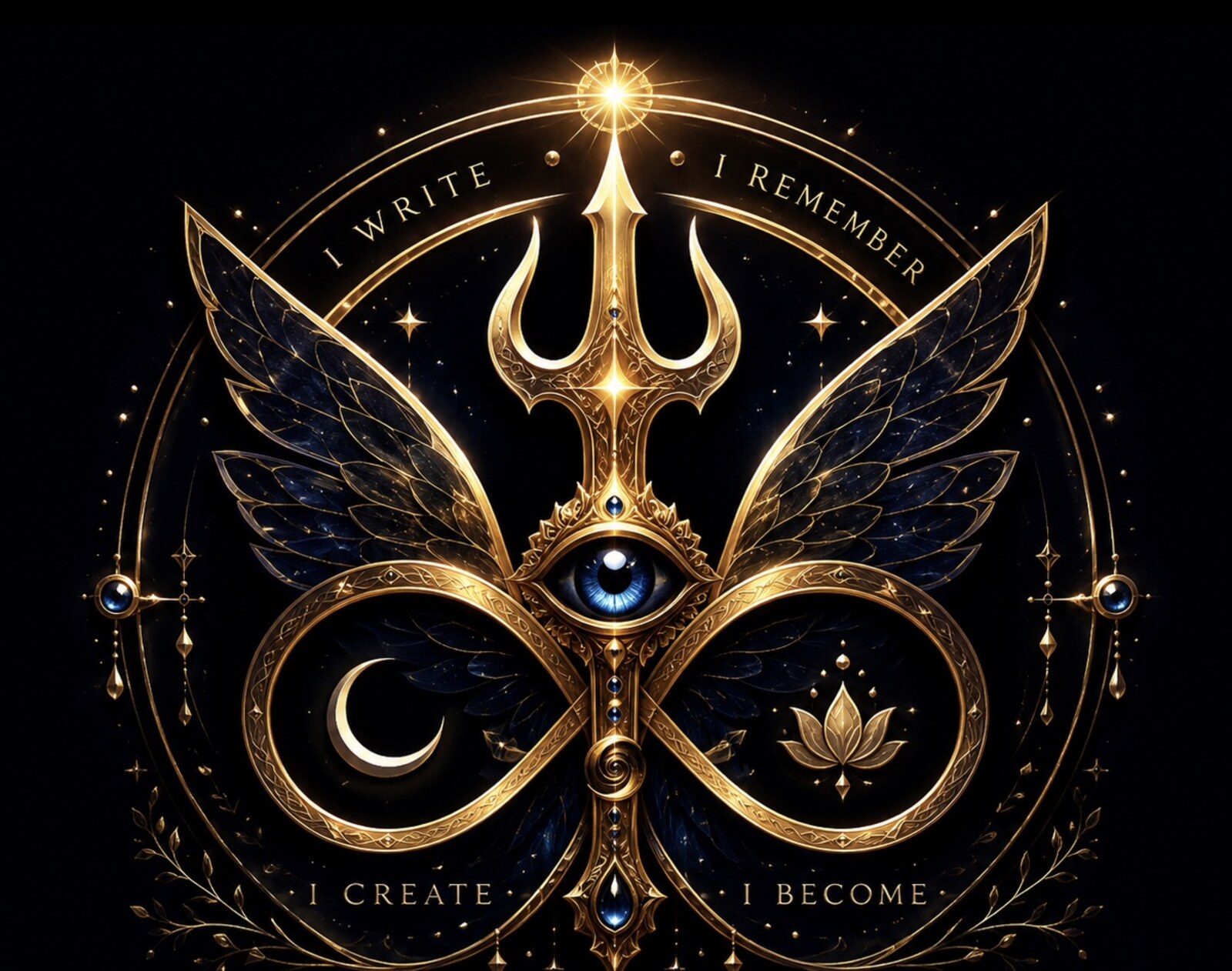 The Zeeeking golden trident, eye, wings and celestial sigil